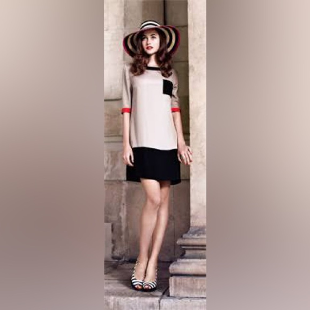 57- TED BAKER Colour Block Mini Dress Black Ivory Red Flowy Shift Dress Size 2